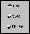 Shows three checkboxes,
 arranged vertically, labeled one, two, and three. Checkbox one is in the on
 state.